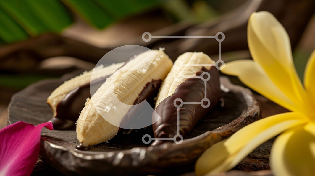 Σετ των 2 Intra Συλλεκτικό Ξύλινο Παζλ Plywood  4mm - Μπανάνες με επικάλυψη σοκολάτας σε ξύλινο πιάτο με τροπικά λουλούδια Σε Ξύλινο Κουτί - Διαστάσεις: 10x10 cm – 25 κομμάτια