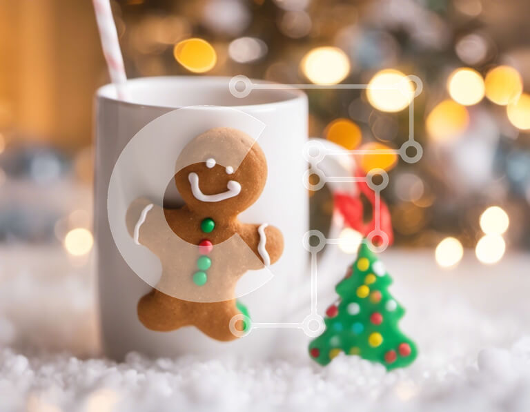 Σετ των 2 Intra Συλλεκτικό Ξύλινο Παζλ Plywood  4mm - Λευκό φλιτζάνι καφέ με στολίδι Gingerbread Man και νιφάδες χιονιού Σε Ξύλινο Κουτί - Διαστάσεις: 10x10 cm – 25 κομμάτια