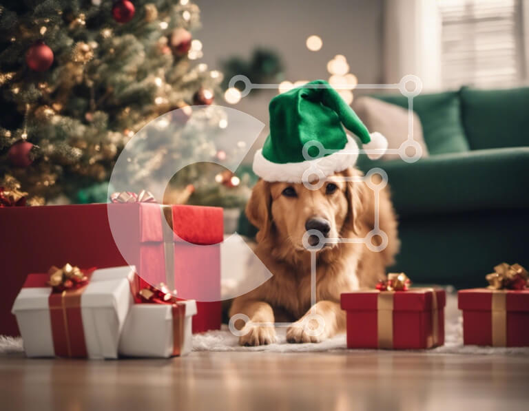 Intra Συλλεκτικό Ξύλινο Παζλ Plywood  4mm - Χρυσός σκύλος με καπέλο Άγιου Βασίλη με χριστουγεννιάτικα δώρα Σε Ξύλινο Κουτί - Διαστάσεις Puzzle: 10x10 cm – 25 κομμάτια