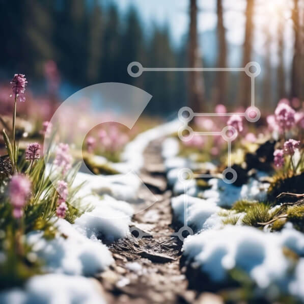 Intra Συλλεκτικό Ξύλινο Παζλ Plywood  4mm - Χιονισμένο μονοπάτι με ροζ λουλούδια στο αλπικό λιβάδι Σε Ξύλινο Κουτί - Διαστάσεις: 10x10 cm – 25 κομμάτια