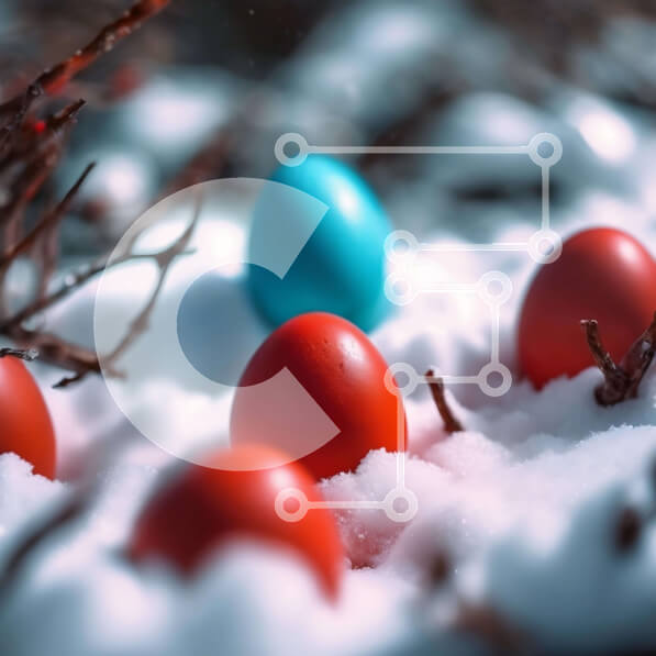 Intra Συλλεκτικό Ξύλινο Παζλ Plywood  4mm - Κόκκινα και μπλε Πασχαλινά αυγά στο χιόνι Σε Ξύλινο Κουτί - Διαστάσεις Puzzle: 10x10 cm – 25 κομμάτια