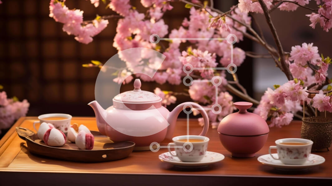 Σετ των 2 Intra Συλλεκτικό Ξύλινο Παζλ Plywood  4mm - Ροζ τσαγιέρα με φλιτζάνια και μπισκότα στο τραπέζι με ανθισμένες κερασιές Σε Ξύλινο Κουτί - Διαστάσεις: 10x10 cm – 25 κομμάτια