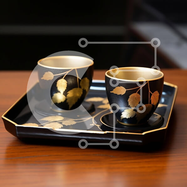 Σετ των 2 Intra Συλλεκτικό Ξύλινο Παζλ Plywood  4mm - Μαύρος δίσκος με χρυσά φλιτζάνια για καφέ ή τσάι Σε Ξύλινο Κουτί - Διαστάσεις: 10x10 cm – 25 κομμάτια