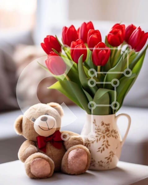 Intra Συλλεκτικό Ξύλινο Παζλ Plywood  4mm - Αρκουδάκι με κόκκινες τουλίπες και λευκά λουλούδια Σε Ξύλινο Κουτί - Διαστάσεις: 10x10 cm – 25 κομμάτια