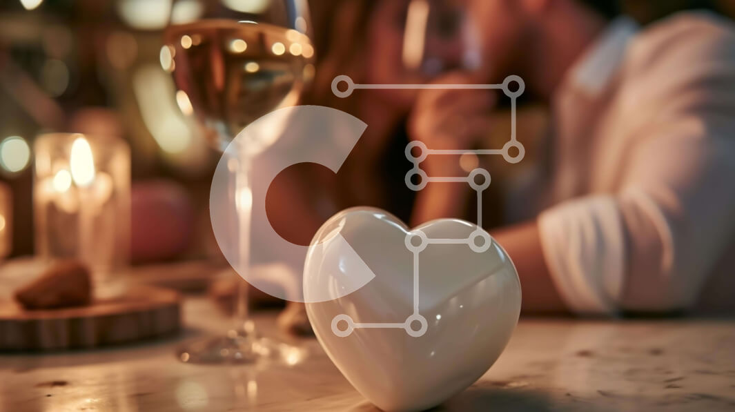 Intra Συλλεκτικό Ξύλινο Παζλ Plywood  4mm - Ρομαντικό ζευγάρι που φιλιέται στην τραπεζαρία με αντικείμενο σε σχήμα καρδιάς Σε Ξύλινο Κουτί - Διαστάσεις Puzzle: 10x10 cm – 25 κομμάτια