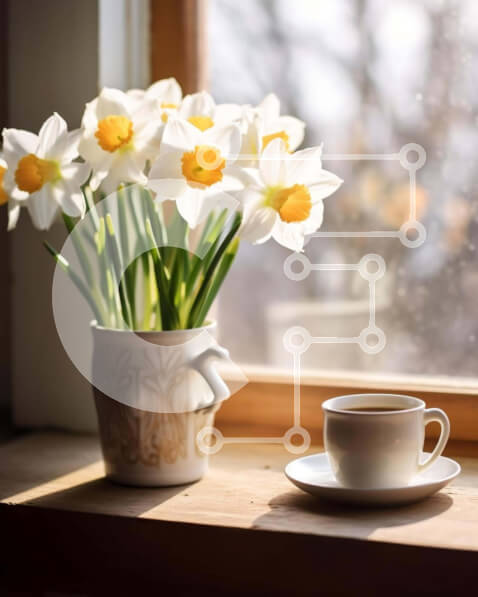 Σετ των 2 Intra Συλλεκτικό Ξύλινο Παζλ Plywood  4mm - Φλιτζάνι καφέ στο περβάζι παραθύρου με λουλούδια ασφόδελου Σε Ξύλινο Κουτί - Διαστάσεις: 10x10 cm – 25 κομμάτια