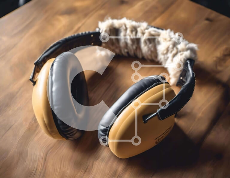 Intra Συλλεκτικό Ξύλινο Παζλ Plywood  4mm - Κίτρινα και μαύρα ακουστικά με γούνινα μαξιλάρια αυτιών σε ξύλινο τραπέζι Σε Ξύλινο Κουτί - Διαστάσεις: 10x10 cm – 25 κομμάτια