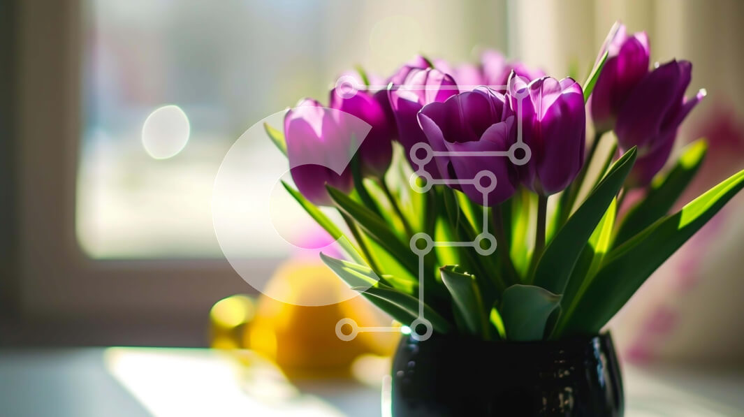 Intra Συλλεκτικό Ξύλινο Παζλ Plywood  4mm - Φρέσκες και ζωντανές μοβ τουλίπες σε μαύρο βάζο Σε Ξύλινο Κουτί - Διαστάσεις: 10x10 cm – 25 κομμάτια