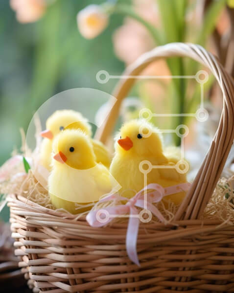 Intra Συλλεκτικό Ξύλινο Παζλ Plywood  4mm - Πασχαλινή γιορτή με τρεις κίτρινες πάπιες σε διακοσμημένο ψάθινο καλάθι Σε Ξύλινο Κουτί - Διαστάσεις Puzzle: 10x10 cm – 25 κομμάτια