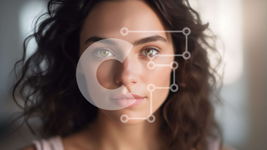 Intra Συλλεκτικό Ξύλινο Παζλ Plywood  4mm - Κοντινό πλάνο πορτρέτο μιας νεαρής γυναίκας με μακριά σγουρά καστανά μαλλιά και πράσινα μάτια Σε Ξύλινο Κουτί - Διαστάσεις Puzzle: 10x10 cm – 25 κομμάτια