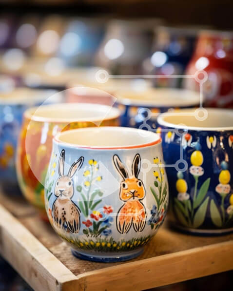 Intra Συλλεκτικό Ξύλινο Παζλ Plywood  4mm - Πολύχρωμο κεραμικό κύπελλο λαγουδάκι οθόνη Σε Ξύλινο Κουτί - Διαστάσεις Puzzle: 10x10 cm – 25 κομμάτια