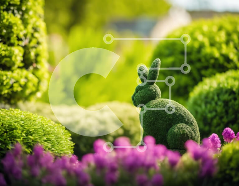 Intra Συλλεκτικό Ξύλινο Παζλ Plywood  4mm - Πράσινο άγαλμα λαγουδάκι στον ανοιξιάτικο κήπο με ροζ και μωβ λουλούδια Σε Ξύλινο Κουτί - Διαστάσεις: 10x10 cm – 25 κομμάτια