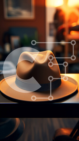 Intra Συλλεκτικό Ξύλινο Παζλ Plywood  4mm - Καφέ καπέλο σε ξύλινο γραφείο με φορητό υπολογιστή και θέα στο ηλιοβασίλεμα Σε Ξύλινο Κουτί - Διαστάσεις: 10x10 cm – 25 κομμάτια