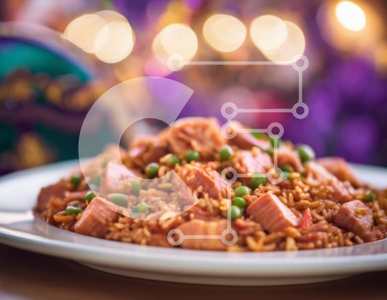 Σετ των 2 Intra Συλλεκτικό Ξύλινο Παζλ Plywood  4mm - Πιάτο ρυζιού με κρέας και λαχανικά σε γιορτινά μωβ τραπεζομάντιλα Σε Ξύλινο Κουτί - Διαστάσεις: 10x10 cm – 25 κομμάτια