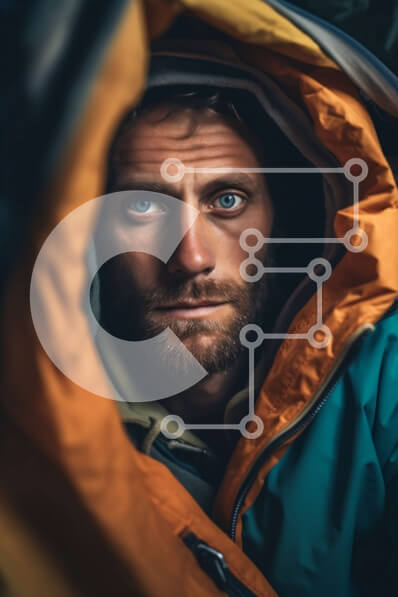 Intra Συλλεκτικό Ξύλινο Παζλ Plywood  4mm - Σοβαρό πορτρέτο ενός άνδρα με κίτρινο και μπλε μπουφάν με κουκούλα Σε Ξύλινο Κουτί - Διαστάσεις Puzzle: 10x10 cm – 25 κομμάτια