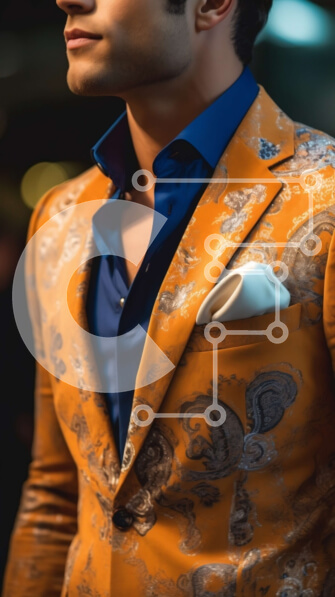 Intra Συλλεκτικό Ξύλινο Παζλ Plywood  4mm - Σοβαρός άνδρας με πορτοκαλί κοστούμι Paisley που κοιτάζει μακριά Σε Ξύλινο Κουτί - Διαστάσεις Puzzle: 10x10 cm – 25 κομμάτια