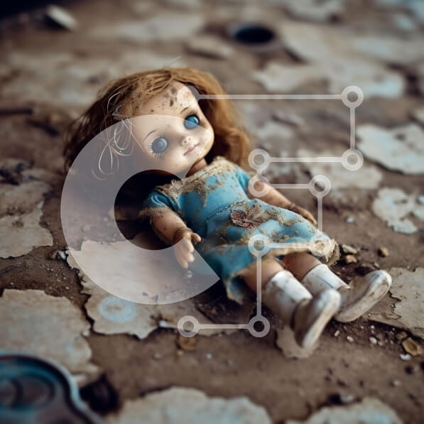 Intra Συλλεκτικό Ξύλινο Παζλ Plywood  4mm - Απόκοσμη εικόνα εγκαταλελειμμένου κτηρίου με μια μοναχική κούκλα στο έδαφος Σε Ξύλινο Κουτί - Διαστάσεις Puzzle: 10x10 cm – 25 κομμάτια