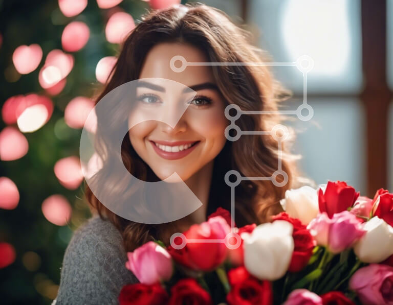 Intra Συλλεκτικό Ξύλινο Παζλ Plywood  4mm - Χαμογελαστή γυναίκα που κρατά το μπουκέτο με τουλίπες Σε Ξύλινο Κουτί - Διαστάσεις Puzzle: 10x10 cm – 25 κομμάτια