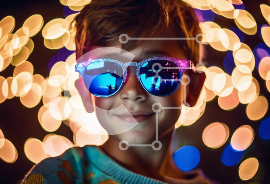 Intra Συλλεκτικό Ξύλινο Παζλ Plywood  4mm - Νεαρό αγόρι με γυαλιά ηλίου σε ένα πολύχρωμο πάρτι Σε Ξύλινο Κουτί - Διαστάσεις Puzzle: 10x10 cm – 25 κομμάτια