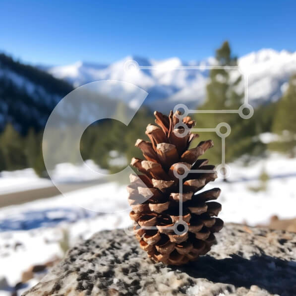 Intra Συλλεκτικό Ξύλινο Παζλ Plywood  4mm - Κουκουνάρι στο βράχο με τα χιονισμένα βουνά στο φόντο Σε Ξύλινο Κουτί - Διαστάσεις: 10x10 cm – 25 κομμάτια