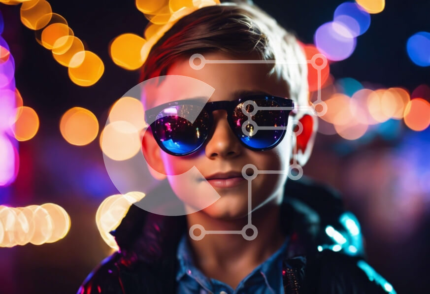 Intra Συλλεκτικό Ξύλινο Παζλ Plywood  4mm - Νεαρό αγόρι με γυαλιά ηλίου που στέκεται μπροστά από τα πολύχρωμα φώτα Σε Ξύλινο Κουτί - Διαστάσεις Puzzle: 10x10 cm – 25 κομμάτια