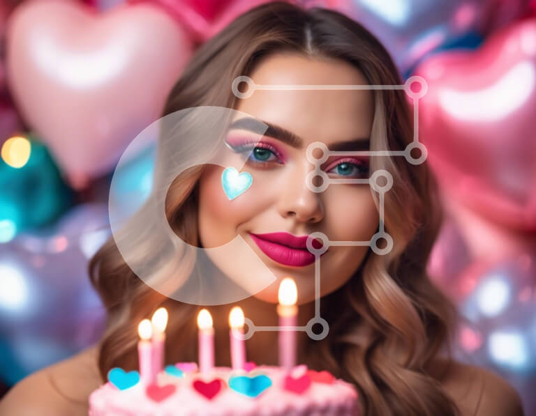 Intra Συλλεκτικό Ξύλινο Παζλ Plywood  4mm - Νεαρή γυναίκα με μπλε μάτια και ροζ χείλη με τούρτα γενεθλίων και μπαλόνια Σε Ξύλινο Κουτί - Διαστάσεις Puzzle: 10x10 cm – 25 κομμάτια