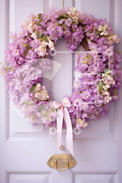 Intra Συλλεκτικό Ξύλινο Παζλ Plywood  4mm - Μωβ λουλούδι στεφάνι κρεμασμένο στην μπροστινή πόρτα για ανοιξιάτικη διακόσμηση Σε Ξύλινο Κουτί - Διαστάσεις Puzzle: 10x10 cm – 25 κομμάτια