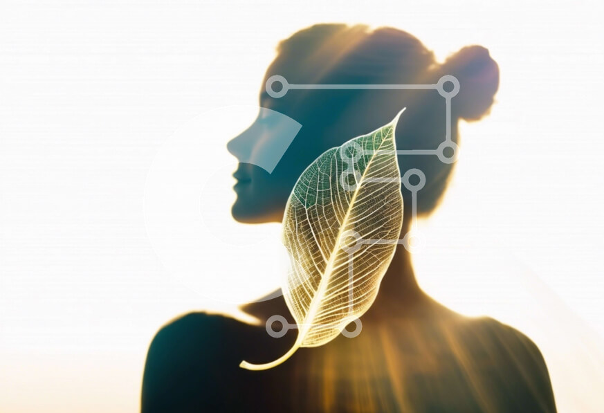 Intra Συλλεκτικό Ξύλινο Παζλ Plywood  4mm - Αφηρημένη γυναίκα με το πράσινο φύλλο - περιβαλλοντική έννοια Σε Ξύλινο Κουτί - Διαστάσεις Puzzle: 10x10 cm – 25 κομμάτια