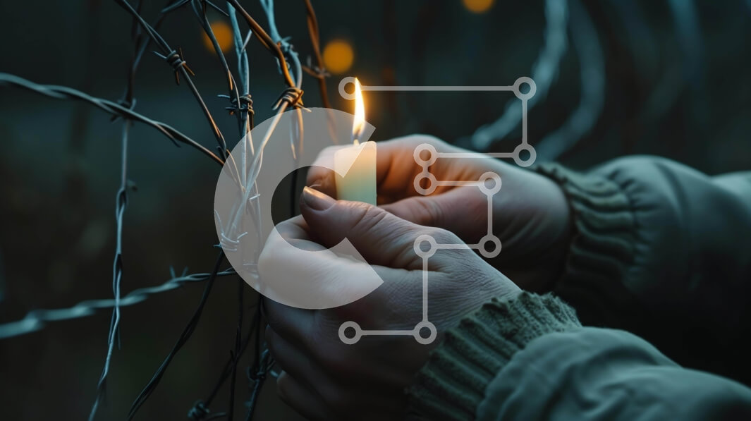 Intra Συλλεκτικό Ξύλινο Παζλ Plywood  4mm - Άτομο που κρατά το σβηστό κερί μπροστά από την περίφραξη με συρματοπλέγματα Σε Ξύλινο Κουτί - Διαστάσεις Puzzle: 10x10 cm – 25 κομμάτια