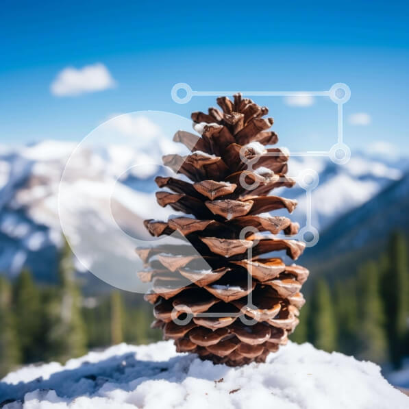 Intra Συλλεκτικό Ξύλινο Παζλ Plywood  4mm - Μονό κουκουνάρι σε χιονισμένο έδαφος με βουνά στο φόντο Σε Ξύλινο Κουτί - Διαστάσεις: 10x10 cm – 25 κομμάτια