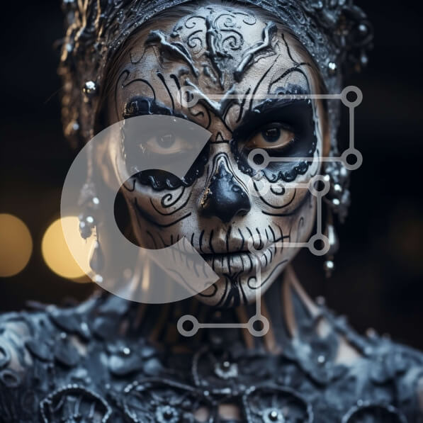 Σετ των 2 Intra Συλλεκτικό Ξύλινο Παζλ Plywood  4mm - Γοτθικό μακιγιάζ κρανίου με μαύρο φόρεμα και ασημένια κοσμήματα Σε Ξύλινο Κουτί - Διαστάσεις: 10x10 cm – 25 κομμάτια