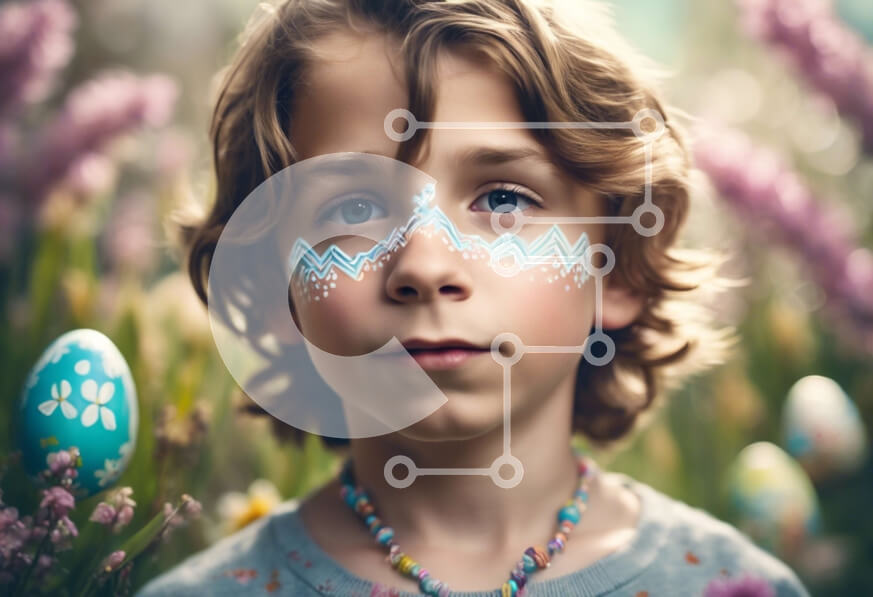 Intra Συλλεκτικό Ξύλινο Παζλ Plywood  4mm - Νεαρό αγόρι με πασχαλινό αυγό βαφής προσώπου στο πεδίο λουλουδιών Σε Ξύλινο Κουτί - Διαστάσεις Puzzle: 10x10 cm – 25 κομμάτια