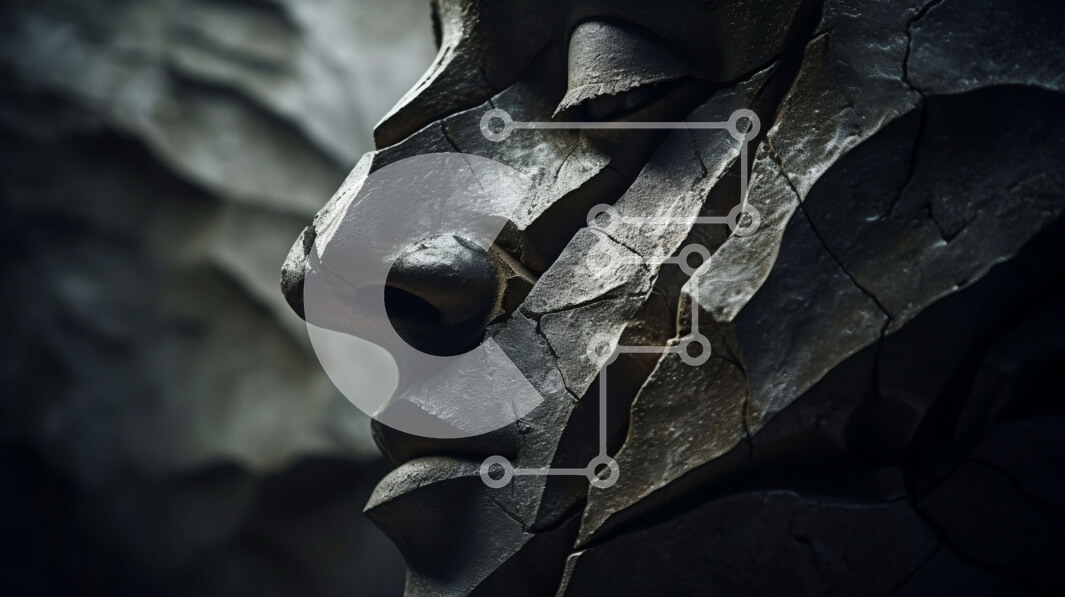 Intra Συλλεκτικό Ξύλινο Παζλ Plywood  4mm - Συναρπαστικό κοντινό πλάνο Γυναικείου Προσώπου Λαξευμένου Πέτρου με Σκιές Σε Ξύλινο Κουτί - Διαστάσεις Puzzle: 10x10 cm – 25 κομμάτια