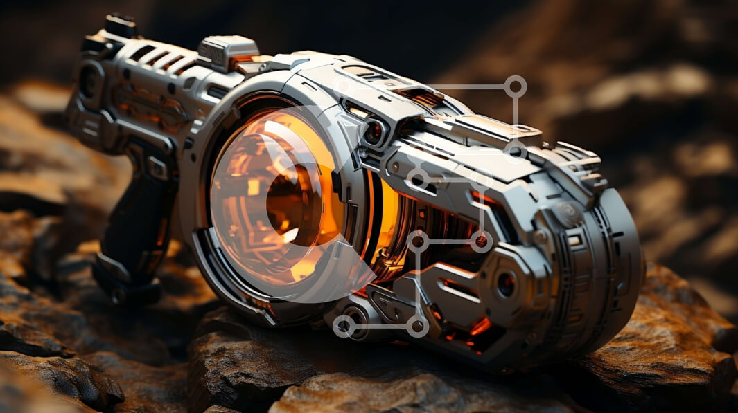 Intra Συλλεκτικό Ξύλινο Παζλ Plywood  4mm - Φουτουριστικό όπλο με λαμπερό πορτοκαλί ρύγχος σε βραχώδη επιφάνεια Σε Ξύλινο Κουτί - Διαστάσεις: 10x10 cm – 25 κομμάτια