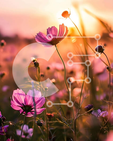 Intra Συλλεκτικό Ξύλινο Παζλ Plywood  4mm - Πεδίο με ροζ λουλούδια στο ηλιοβασίλεμα Σε Ξύλινο Κουτί - Διαστάσεις: 10x10 cm – 25 κομμάτια