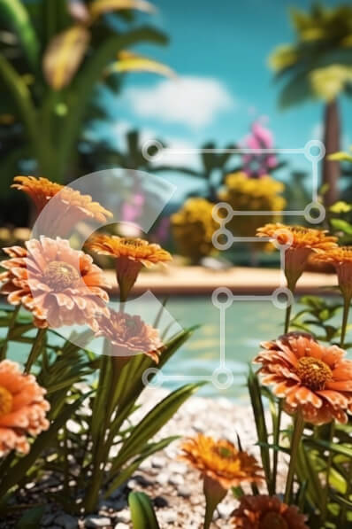 Σετ των 2 Intra Συλλεκτικό Ξύλινο Παζλ Plywood  4mm - Όμορφη εικόνα με πορτοκαλί λουλούδια μπροστά από μια πισίνα με φοίνικες στο φόντο Σε Ξύλινο Κουτί - Διαστάσεις: 10x10 cm – 25 κομμάτια