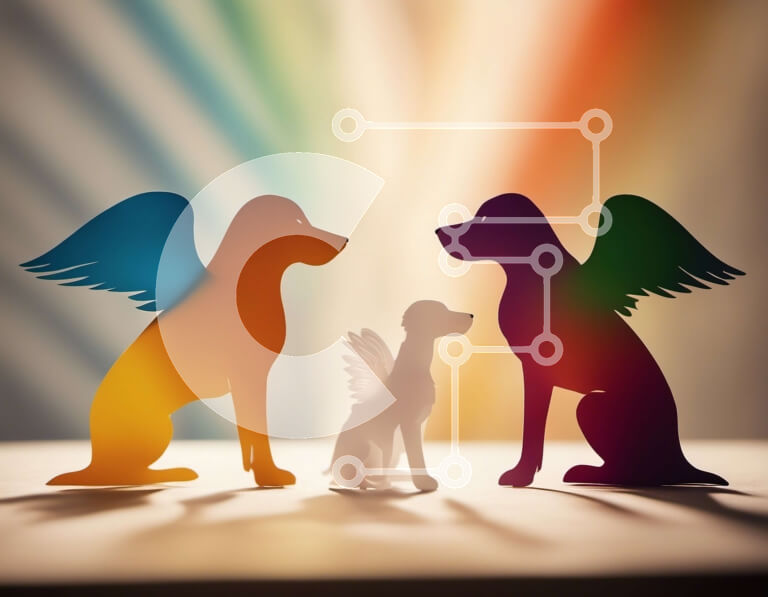 Σετ των 2 Intra Συλλεκτικό Ξύλινο Παζλ Plywood  4mm - Τρία φτερωτά σκυλιά με φόντο ουράνιο τόξο Σε Ξύλινο Κουτί - Διαστάσεις: 10x10 cm – 25 κομμάτια