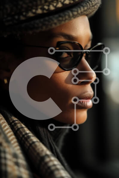 Intra Συλλεκτικό Ξύλινο Παζλ Plywood  4mm - Κομψή γυναίκα με μαύρο καπέλο και γυαλιά ηλίου που κοιτάζει την απόσταση Σε Ξύλινο Κουτί - Διαστάσεις Puzzle: 10x10 cm – 25 κομμάτια