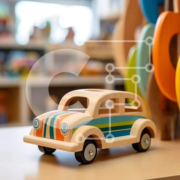 Intra Συλλεκτικό Ξύλινο Παζλ Plywood  4mm - Πολύχρωμο ξύλινο αυτοκίνητο παιχνιδιών σε τραπέζι με άλλα παιχνίδια Σε Ξύλινο Κουτί - Διαστάσεις: 10x10 cm – 25 κομμάτια
