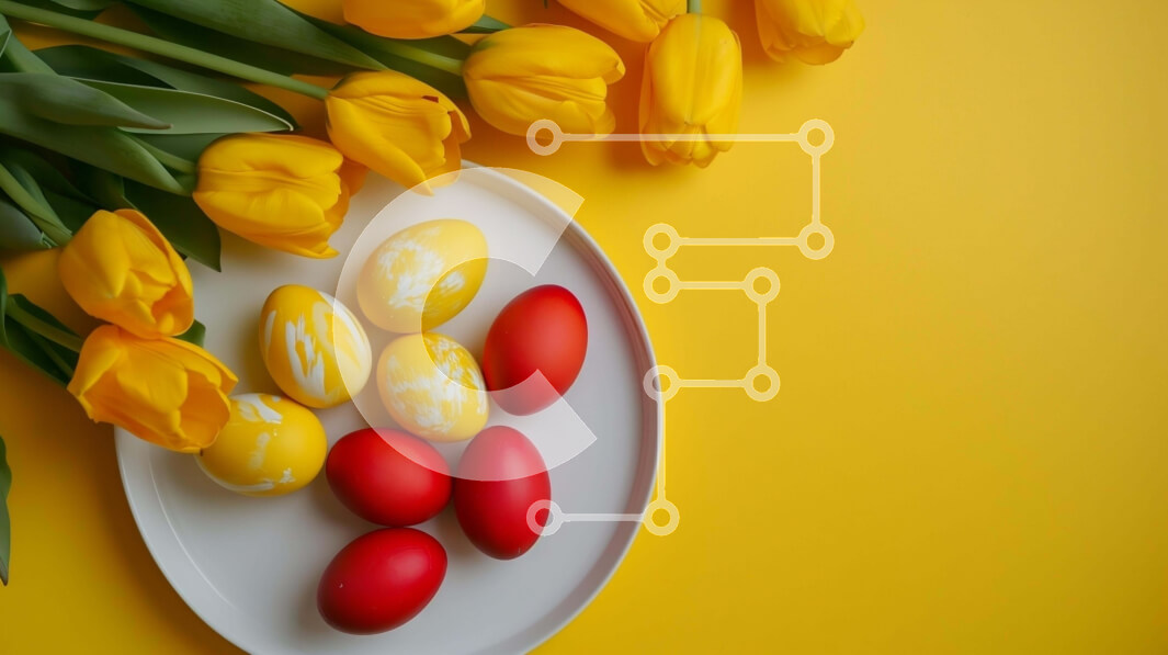 Intra Συλλεκτικό Ξύλινο Παζλ Plywood  4mm - Πασχαλινά αυγά και τουλίπες σε λευκό πιάτο με κίτρινο φόντο Σε Ξύλινο Κουτί - Διαστάσεις: 10x10 cm – 25 κομμάτια