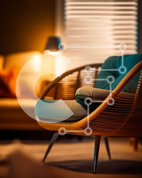 Intra Συλλεκτικό Ξύλινο Παζλ Plywood  4mm - Άνετο και κομψό σαλόνι με καφέ δερμάτινο καναπέ και μπλε πολυθρόνα Σε Ξύλινο Κουτί - Διαστάσεις Puzzle: 10x10 cm – 25 κομμάτια