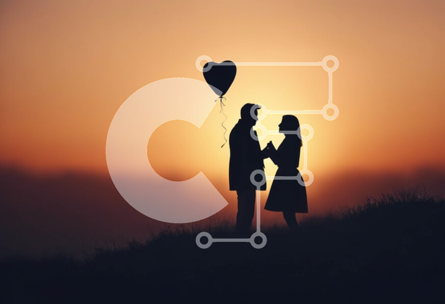 Intra Συλλεκτικό Ξύλινο Παζλ Plywood  4mm - Σιλουέτα ενός ζευγαριού που κρατά ένα μπαλόνι σε σχήμα καρδιάς στο ηλιοβασίλεμα Σε Ξύλινο Κουτί - Διαστάσεις Puzzle: 10x10 cm – 25 κομμάτια