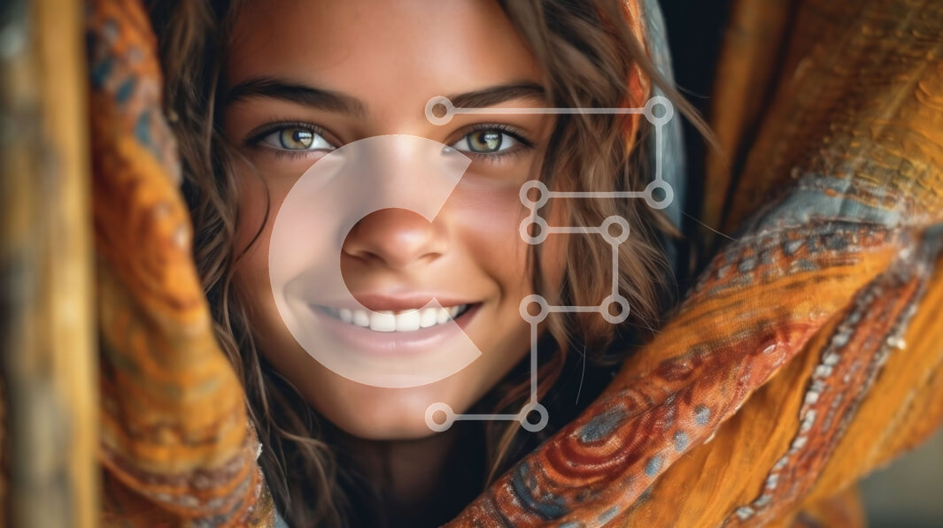 Intra Συλλεκτικό Ξύλινο Παζλ Plywood  4mm - Χαμογελαστή νεαρή γυναίκα με σγουρά μαλλιά και πολύχρωμο κασκόλ μπροστά στον ορίζοντα της πόλης Σε Ξύλινο Κουτί - Διαστάσεις Puzzle: 10x10 cm – 25 κομμάτια