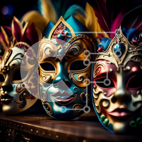 Intra Συλλεκτικό Ξύλινο Παζλ Plywood  4mm - Ομάδα πολύχρωμων βενετσιάνικων μασκών σε ένα ξύλινο ράφι Σε Ξύλινο Κουτί - Διαστάσεις Puzzle: 10x10 cm – 25 κομμάτια