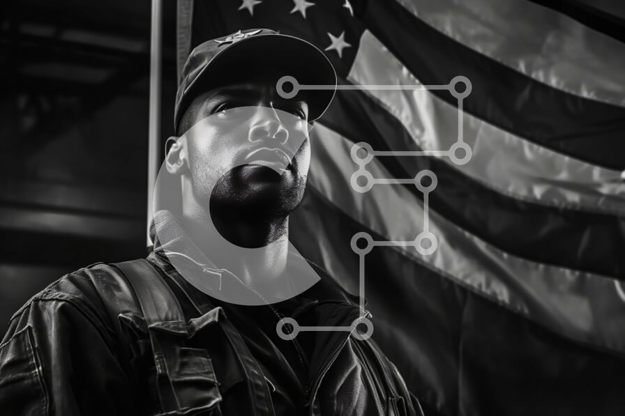 Intra Συλλεκτικό Ξύλινο Παζλ Plywood  4mm - Σοβαρός άνδρας με στρατιωτική στολή που στέκεται δίπλα στην αμερικανική σημαία Σε Ξύλινο Κουτί - Διαστάσεις Puzzle: 10x10 cm – 25 κομμάτια