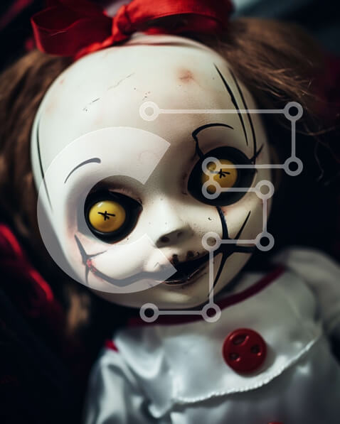 Intra Συλλεκτικό Ξύλινο Παζλ Plywood  4mm - Ανατριχιαστική κούκλα με κόκκινα και κίτρινα μάτια Σε Ξύλινο Κουτί - Διαστάσεις Puzzle: 10x10 cm – 25 κομμάτια