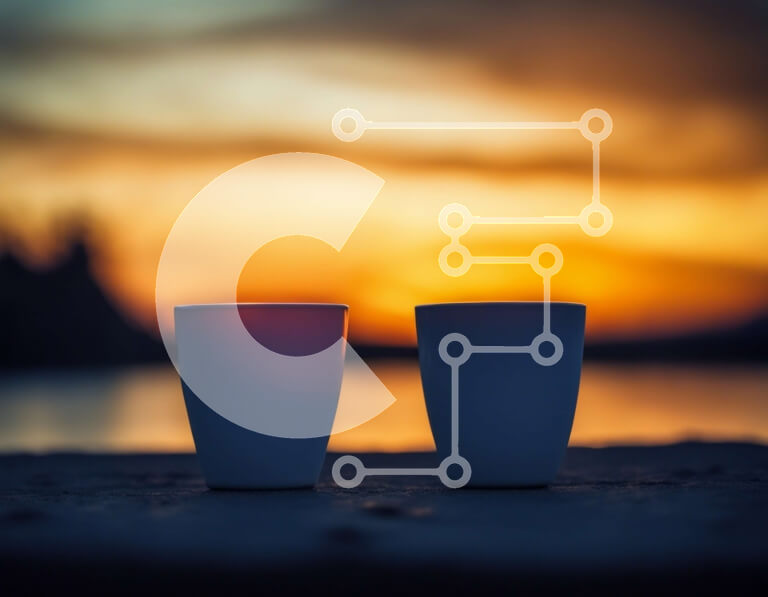 Intra Συλλεκτικό Ξύλινο Παζλ Plywood  4mm - Δύο λευκά κύπελλα σε τσιμεντένια επιφάνεια με ηλιοβασίλεμα Σε Ξύλινο Κουτί - Διαστάσεις Puzzle: 10x10 cm – 25 κομμάτια