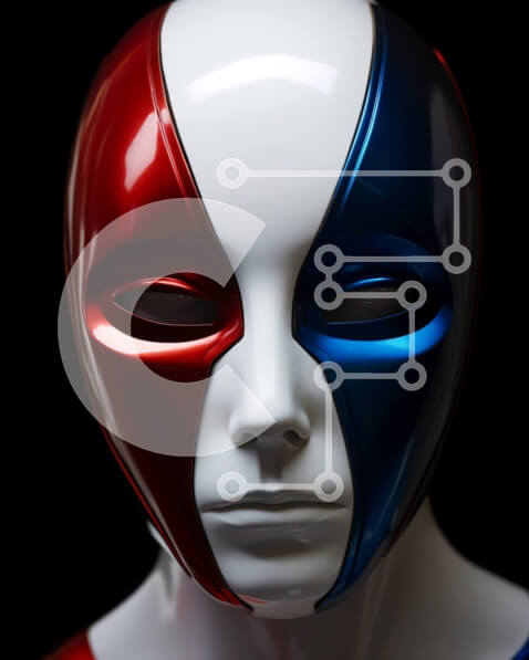 Intra Συλλεκτικό Ξύλινο Παζλ Plywood  4mm - Μανεκέν που φοράει κόκκινη, λευκή και μπλε μάσκα Σε Ξύλινο Κουτί - Διαστάσεις Puzzle: 10x10 cm – 25 κομμάτια