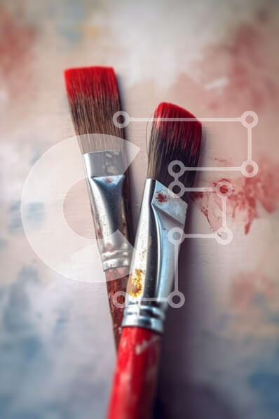 Intra Συλλεκτικό Ξύλινο Παζλ Plywood  4mm - Ζωντανή εικόνα δύο κόκκινων πινέλων σε πολύχρωμο φόντο Σε Ξύλινο Κουτί - Διαστάσεις Puzzle: 10x10 cm – 25 κομμάτια