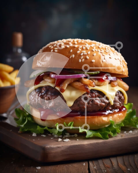 Σετ των 2 Intra Συλλεκτικό Ξύλινο Παζλ Plywood  4mm - Λαχταριστή εικόνα ενός χάμπουργκερ με τυρί και πατάτες Σε Ξύλινο Κουτί - Διαστάσεις: 10x10 cm – 25 κομμάτια